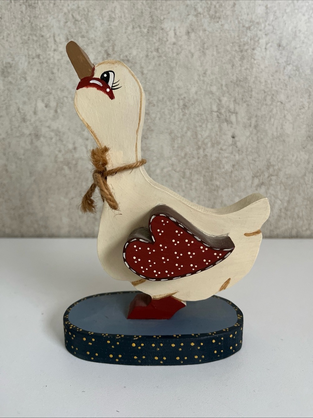 Vintage Hand Painted Goose Folk Art Decor Polka Dot Heart Wing country Duck 7”